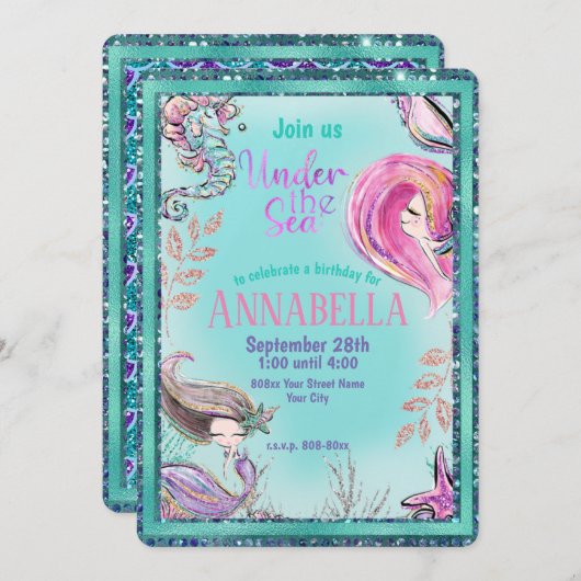 かわいい人魚アンダーザシーパーティーティール（緑がかった色）グリッター 招待状 (正面/裏面)