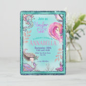 かわいい人魚アンダーザシーパーティーティール（緑がかった色）グリッター 招待状 (スタンド正面)