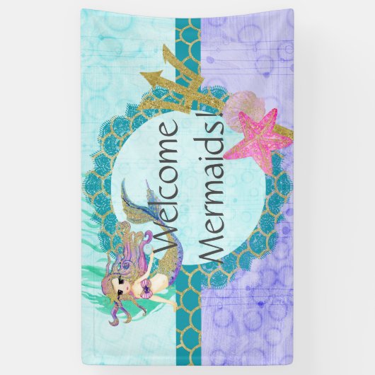 かわいい人魚ウェルカム人魚の誕生日パーティー 横断幕 (縦)