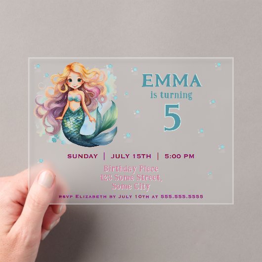 かわいい人魚ガールバースデーパーティー アクリル招待状 (インサイチュ (ポータブル))