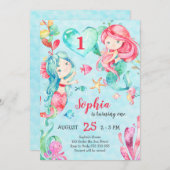 かわいい人魚ザシーガールファースト誕生日 招待状 (正面/裏面)