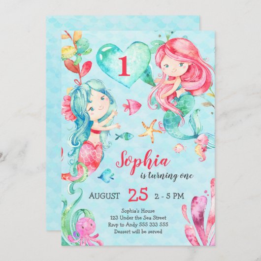 かわいい人魚ザシーガールファースト誕生日 招待状 (正面/裏面)