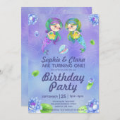 かわいい人魚ザシーツインガールズ誕生日 招待状 (正面/裏面)
