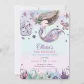 かわいい人魚ザシーナルホールパープル誕生日 招待状 (正面)