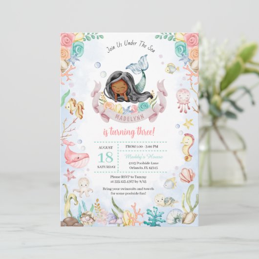 かわいい人魚ザシープールパーティー誕生日 招待状 (スタンド正面)