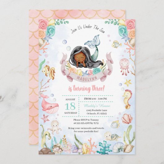 かわいい人魚ザシープールパーティー誕生日 招待状 (正面/裏面)