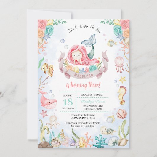 かわいい人魚ザシープールパーティー誕生日 招待状 (正面)