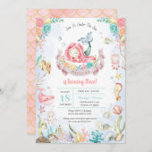 かわいい人魚ザシープールパーティー誕生日 招待状 (正面/裏面)