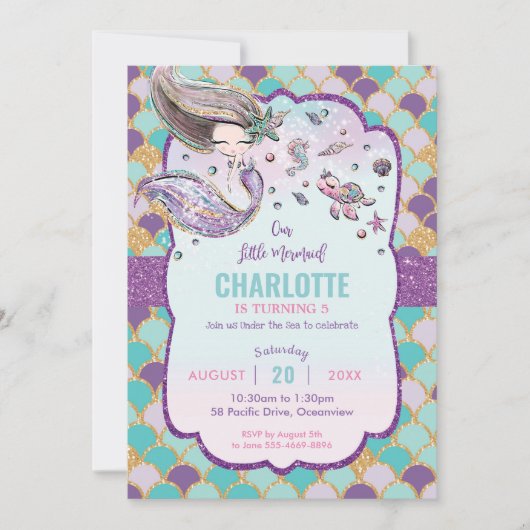 かわいい人魚ザシープール誕生日海海 招待状 (正面)