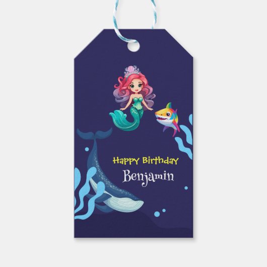 かわいい人魚シャークの虹のカラフル ギフトタグ (正面)
