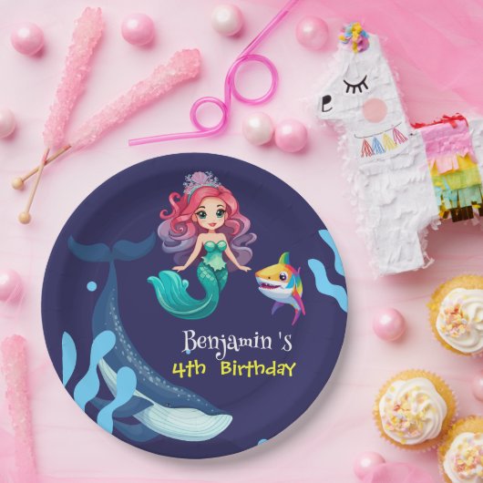 かわいい人魚シャークの虹のカラフル ペーパープレート (パーティー)