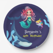 かわいい人魚シャークの虹のカラフル ペーパープレート (正面)