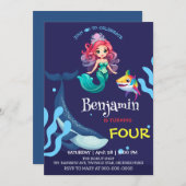 かわいい人魚シャークカラフル誕生日パーティー 招待状 (正面/裏面)