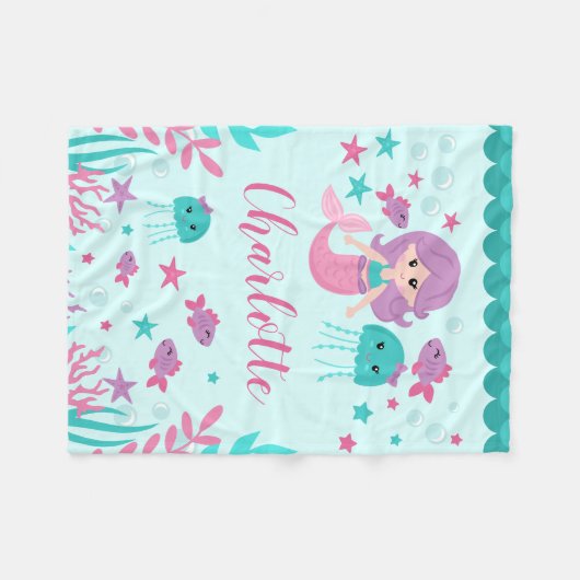 かわいい人魚パーソナライズされた娘 フリースブランケット (正面(横))