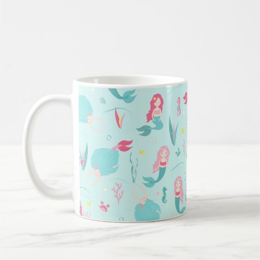 かわいい人魚ピンクとターコイズ柄 コーヒーマグカップ (左)