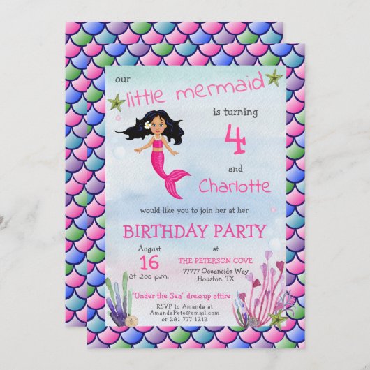 かわいい人魚ピンクのドレスアップ誕生日パーティー 招待状 (正面/裏面)