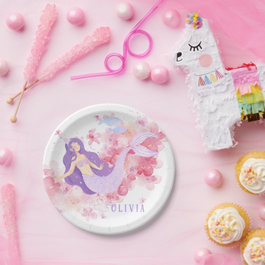 かわいい人魚ピンク海の下で小さな女の子 ペーパープレート (パーティー)
