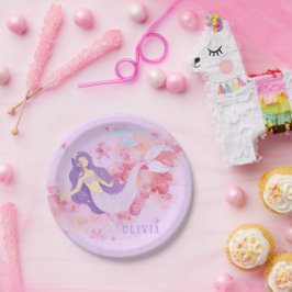 かわいい人魚ピンク海の下で小さな女の子 ペーパープレート