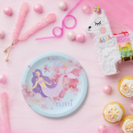 かわいい人魚ピンク海の下で小さな女の子 ペーパープレート