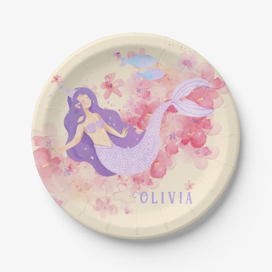 かわいい人魚ピンク海の下で小さな女の子 ペーパープレート (正面)