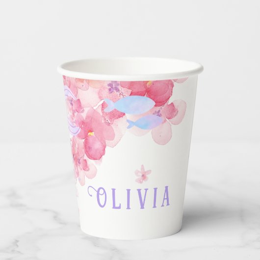 かわいい人魚ピンク海の下で小さな女の子 紙コップ (裏面)