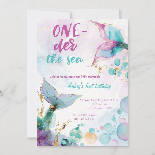 かわいい人魚ワンダーザシー1歳の誕生日 招待状 (正面)