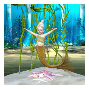 かわいい人魚姫 ファンタジー ガール 青い海 フォトプリント