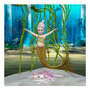 かわいい人魚姫、青い海 ポスター