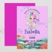 かわいい人魚 グリッター パール レインボー 誕生日パーティー 招待状 (正面/裏面)