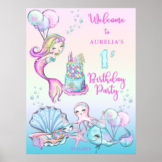 かわいい人魚 |シーガールの最初の誕生日パーティーサイト ポスター (正面)