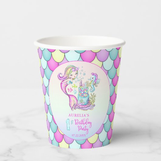 かわいい人魚 |シーガールの最初の誕生日パーティー紙 紙コップ (正面)