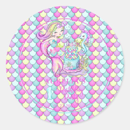 かわいい人魚 |シーガールの最初の誕生日パーティー ラウンドシール (正面)
