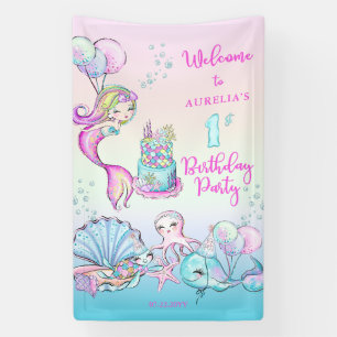 かわいい人魚  シーガールの最初の誕生日パーティー 横断幕