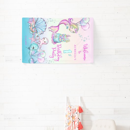 かわいい人魚 |シーガールの最初の誕生日パーティー 横断幕 (インサイチュ)