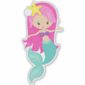 かわいい人魚,人魚の小さな人魚,ピンクの髪,ヒトデ シール (正面)