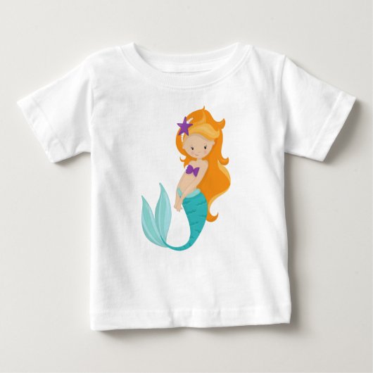 かわいい人魚、小さな人魚、オレンジの髪、スター ベビーTシャツ (正面)
