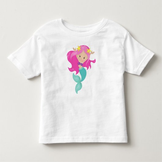 かわいい人魚、小さな人魚、ヒトデ、ピンク髪 トドラーTシャツ (正面)