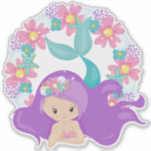 かわいい人魚、小さな人魚、紫色の髪、花 シール (正面)