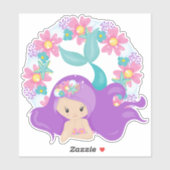 かわいい人魚、小さな人魚、紫色の髪、花 シール (シート)