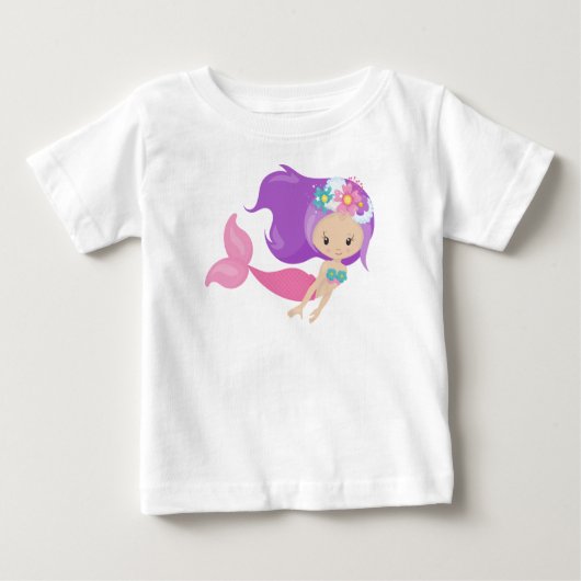 かわいい人魚、小さな人魚、花、紫色の髪 ベビーTシャツ (正面)