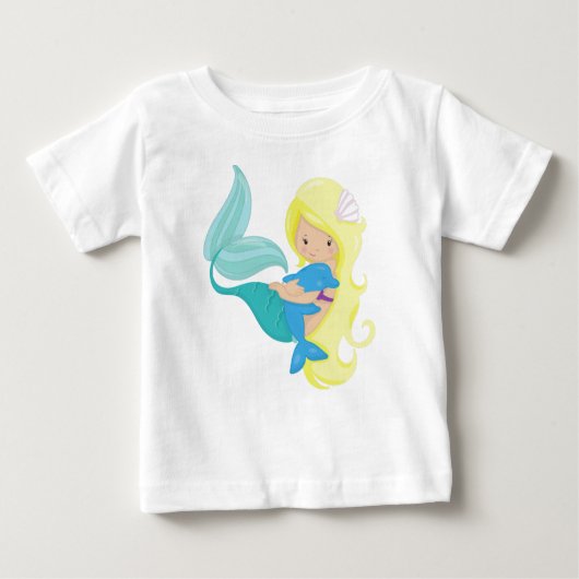 かわいい人魚、小さな人魚、金髪、イルカ ベビーTシャツ (正面)