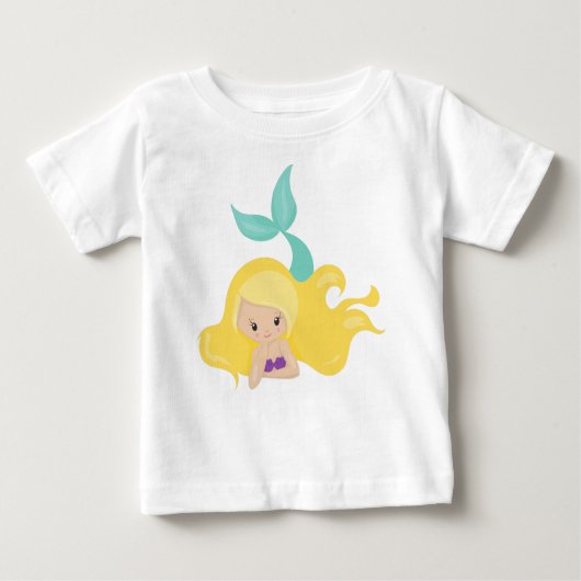 かわいい人魚、小さな人魚、金髪、シェル ベビーTシャツ (正面)