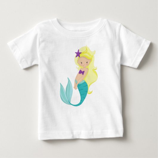 かわいい人魚、小さな人魚、金髪、スター ベビーTシャツ (正面)