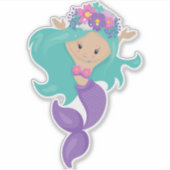 かわいい人魚、小さな人魚、青い髪、花 シール (正面)