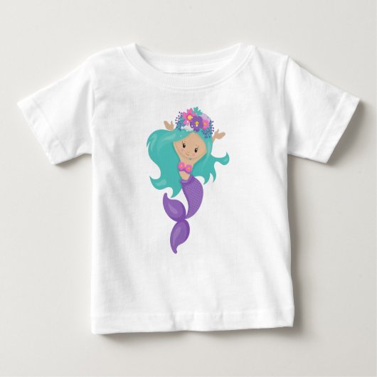 かわいい人魚、小さな人魚、青い髪、花 ベビーTシャツ (正面)