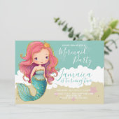 かわいい人魚 海のビーチ 誕生日パーティー 砂 招待状 (スタンド正面)