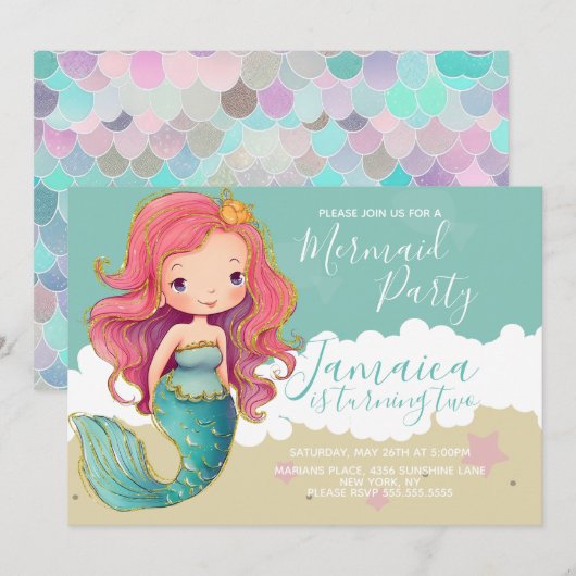 かわいい人魚 海のビーチ 誕生日パーティー 砂 招待状 (正面/裏面)