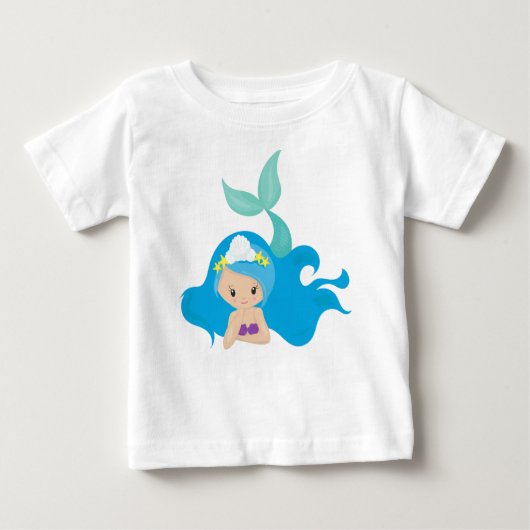 かわいい人魚、青い髪、小さな人魚、ヒトデ ベビーTシャツ (正面)