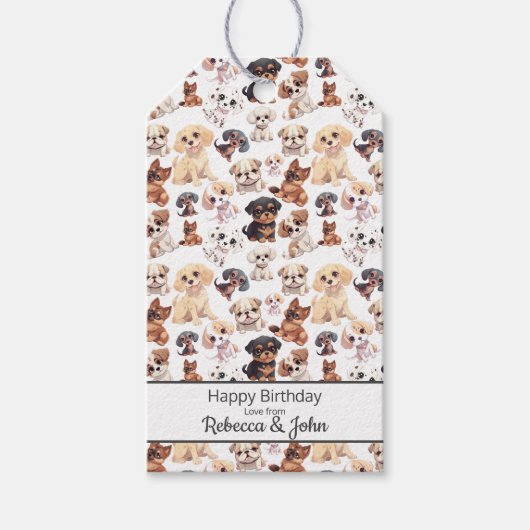 かわいい仔犬の柄の誕生日 ギフトタグ (正面)