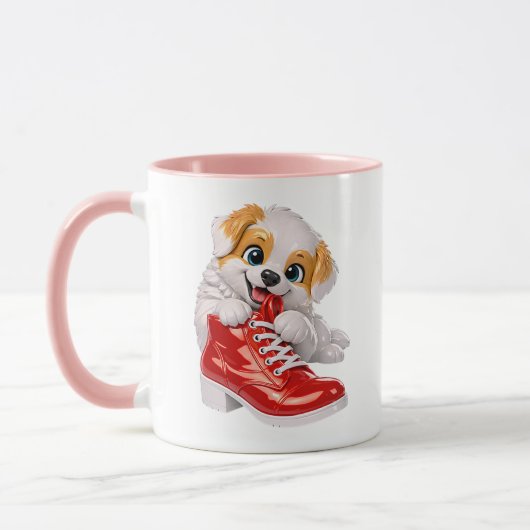 かわいい仔犬 光沢のある赤いブーツ マグカップ (左)